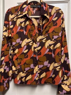 Vintage 70s Disco Psychedelic Button Up Retro Abstract Blouse